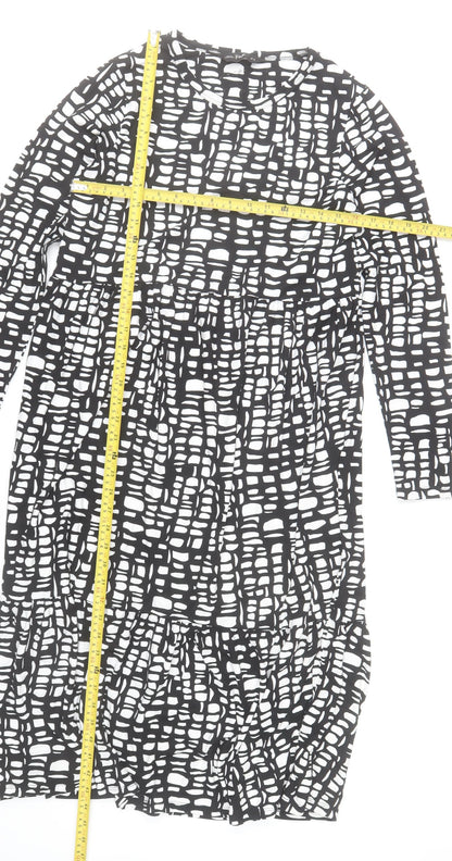 F&F Women’s Black White Midi Shift Dress Size 12 Long Sleeve Geometric