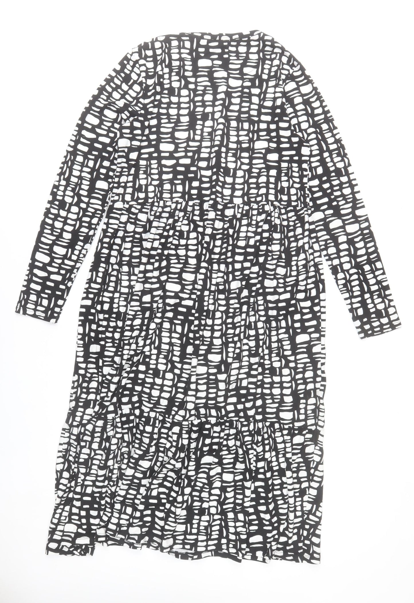 F&F Women’s Black White Midi Shift Dress Size 12 Long Sleeve Geometric