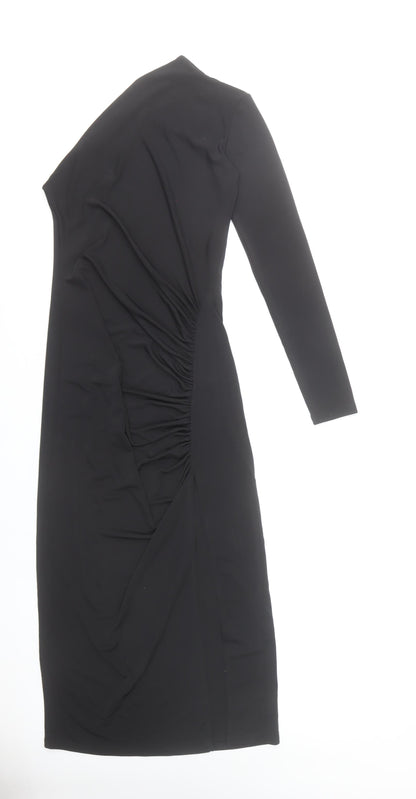 Zara Women Black Size 8 Bodycon Midi Dress Long Sleeve Ruched