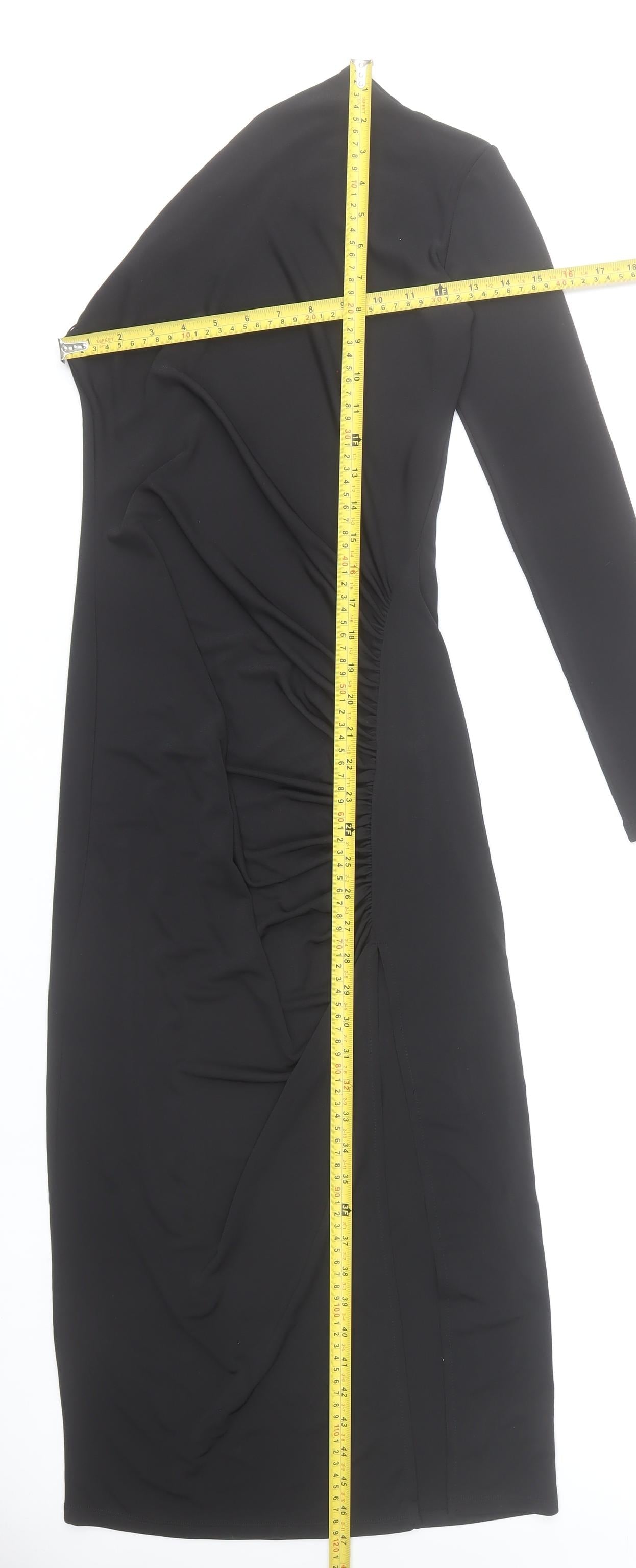 Zara Women Black Size 8 Bodycon Midi Dress Long Sleeve Ruched
