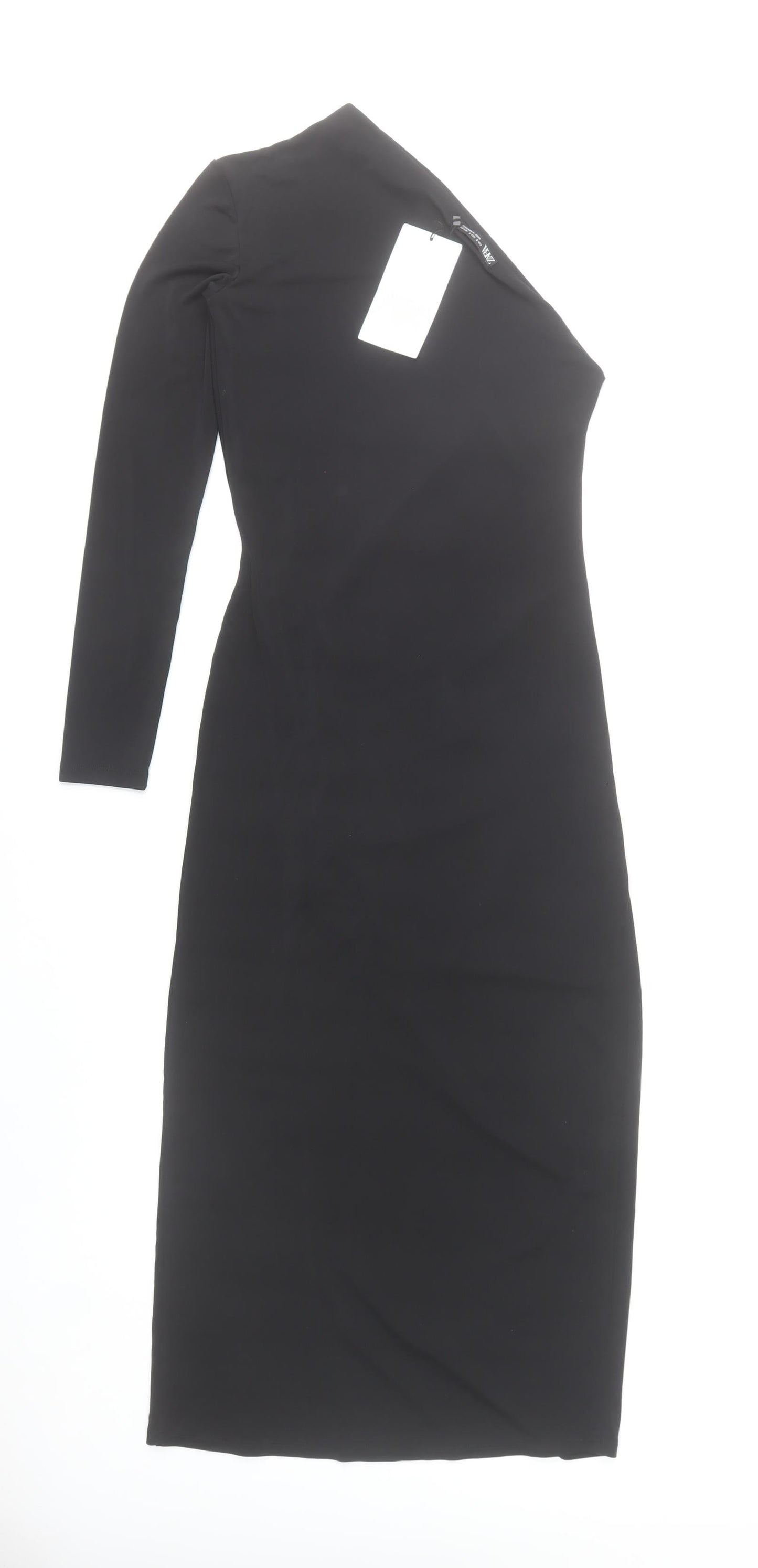 Zara Women Black Size 8 Bodycon Midi Dress Long Sleeve Ruched