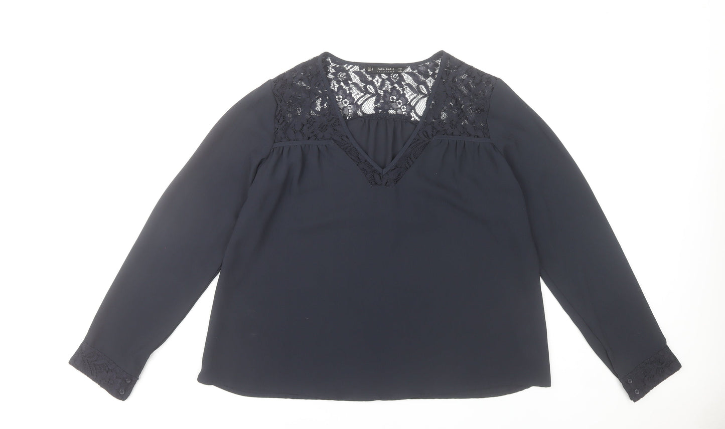 Zara Women Black Lace V-Neck Long Sleeve Tunic Blouse Size 12