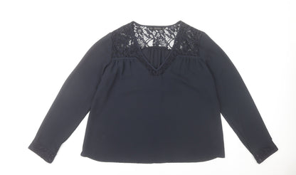 Zara Women Black Lace V-Neck Long Sleeve Tunic Blouse Size 12