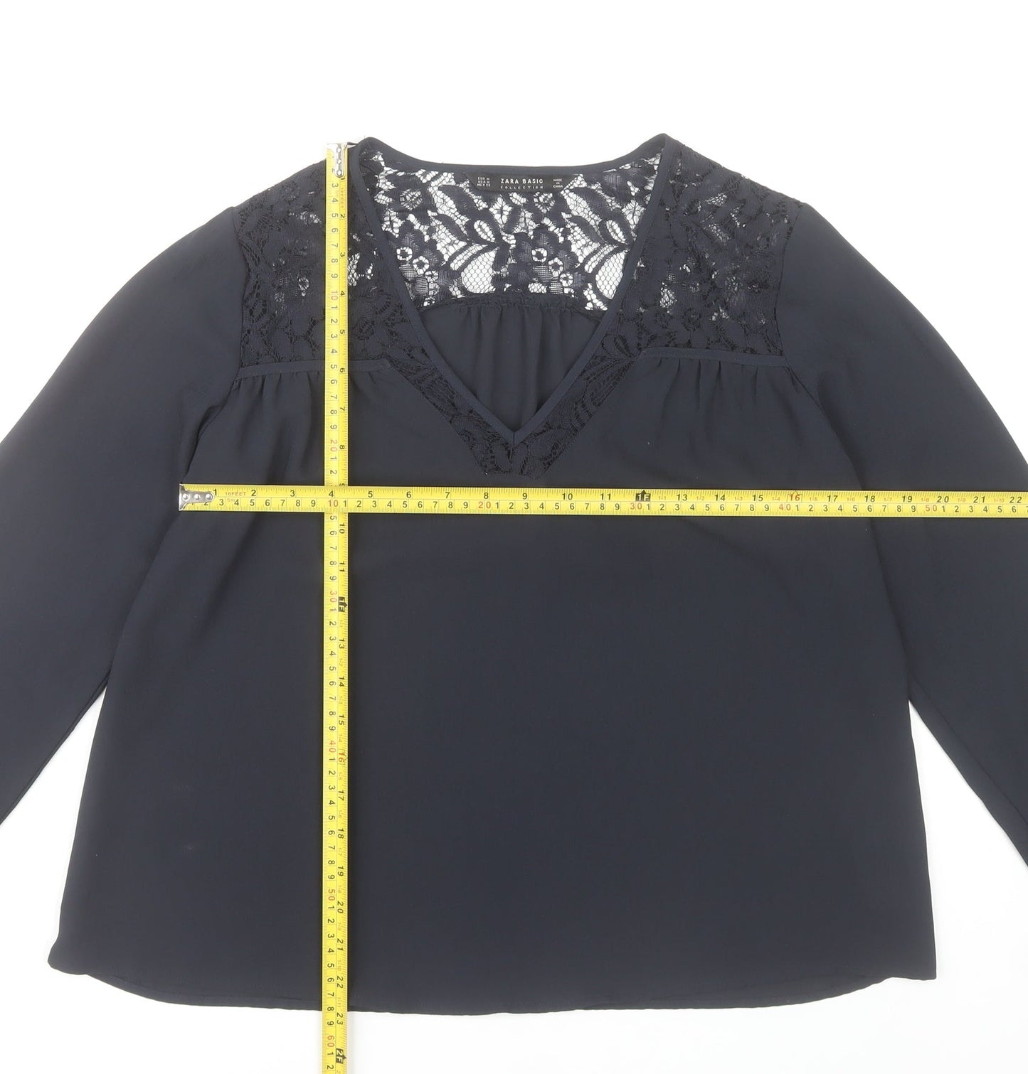 Zara Women Black Lace V-Neck Long Sleeve Tunic Blouse Size 12