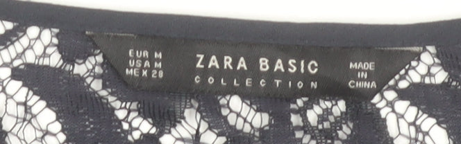 Zara Women Black Lace V-Neck Long Sleeve Tunic Blouse Size 12