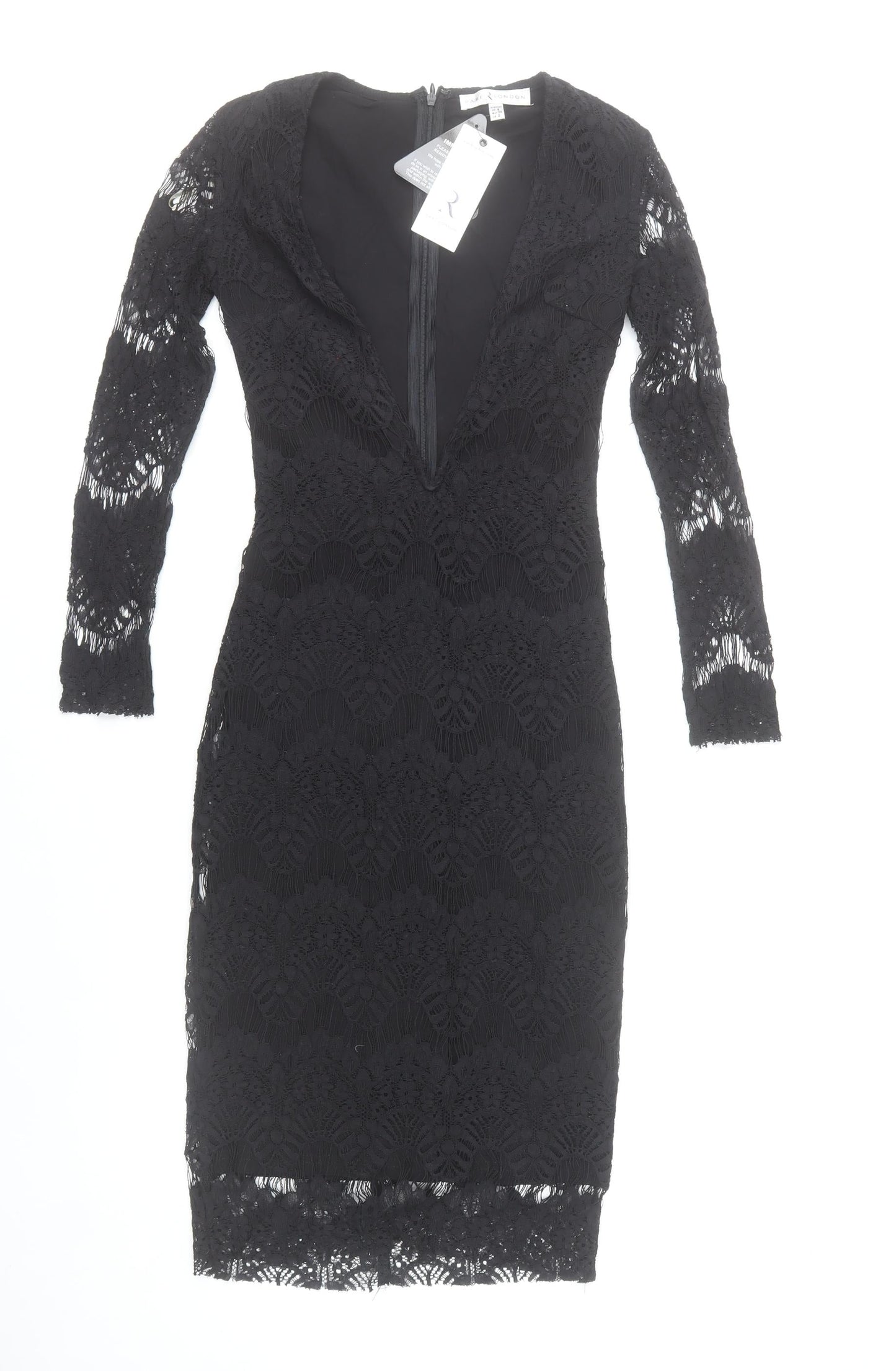 Rare London Women’s Black Lace Bodycon Dress Size 6 V-Neck Long Sleeve Knee Length