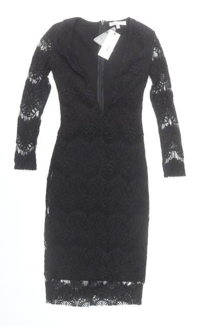 Rare London Women’s Black Lace Bodycon Dress Size 6 V-Neck Long Sleeve Knee Length