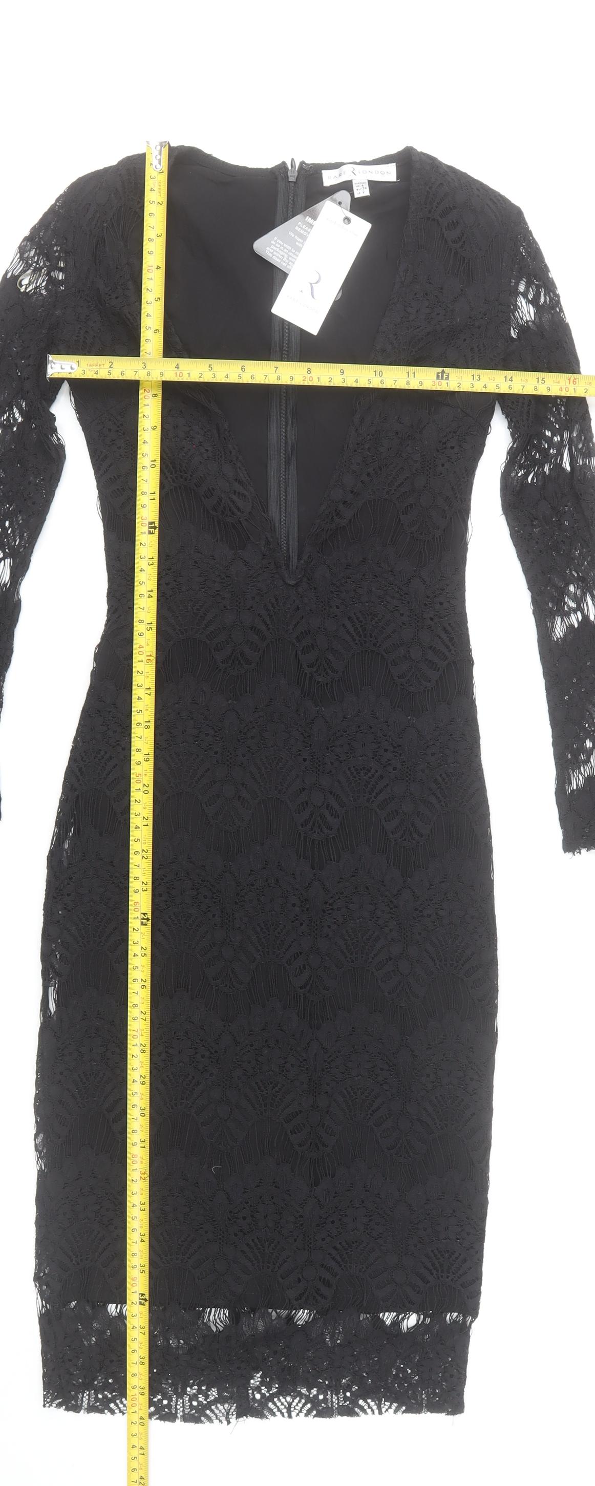 Rare London Women’s Black Lace Bodycon Dress Size 6 V-Neck Long Sleeve Knee Length