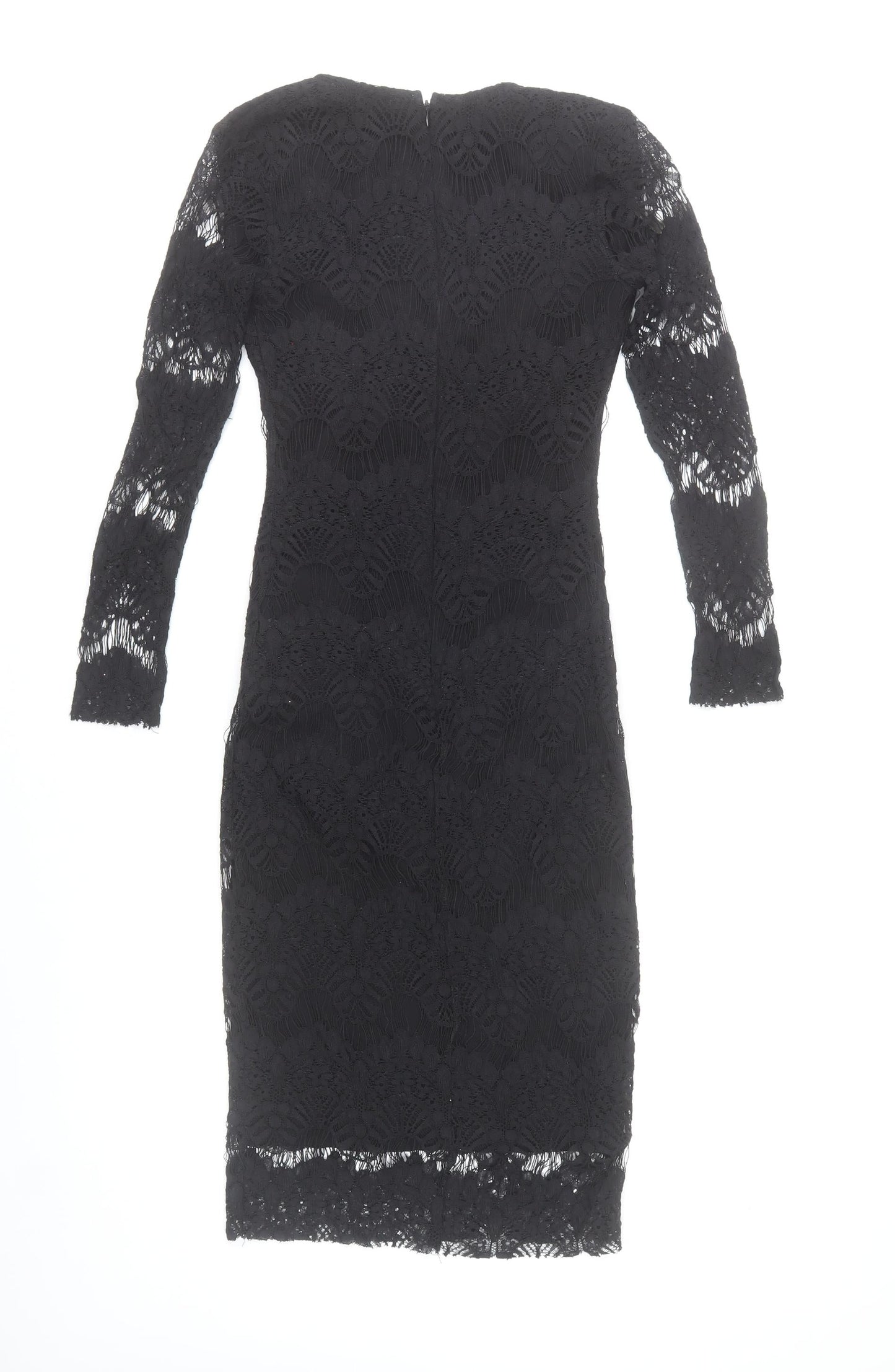 Rare London Women’s Black Lace Bodycon Dress Size 6 V-Neck Long Sleeve Knee Length