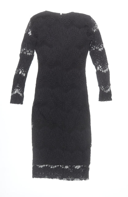 Rare London Women’s Black Lace Bodycon Dress Size 6 V-Neck Long Sleeve Knee Length