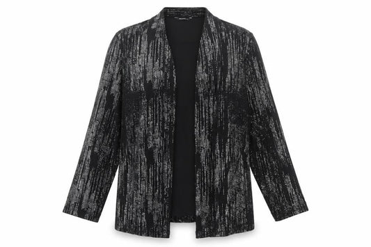 Front view of Roman women’s black glitter long sleeve open tunic blouse, size UK 16