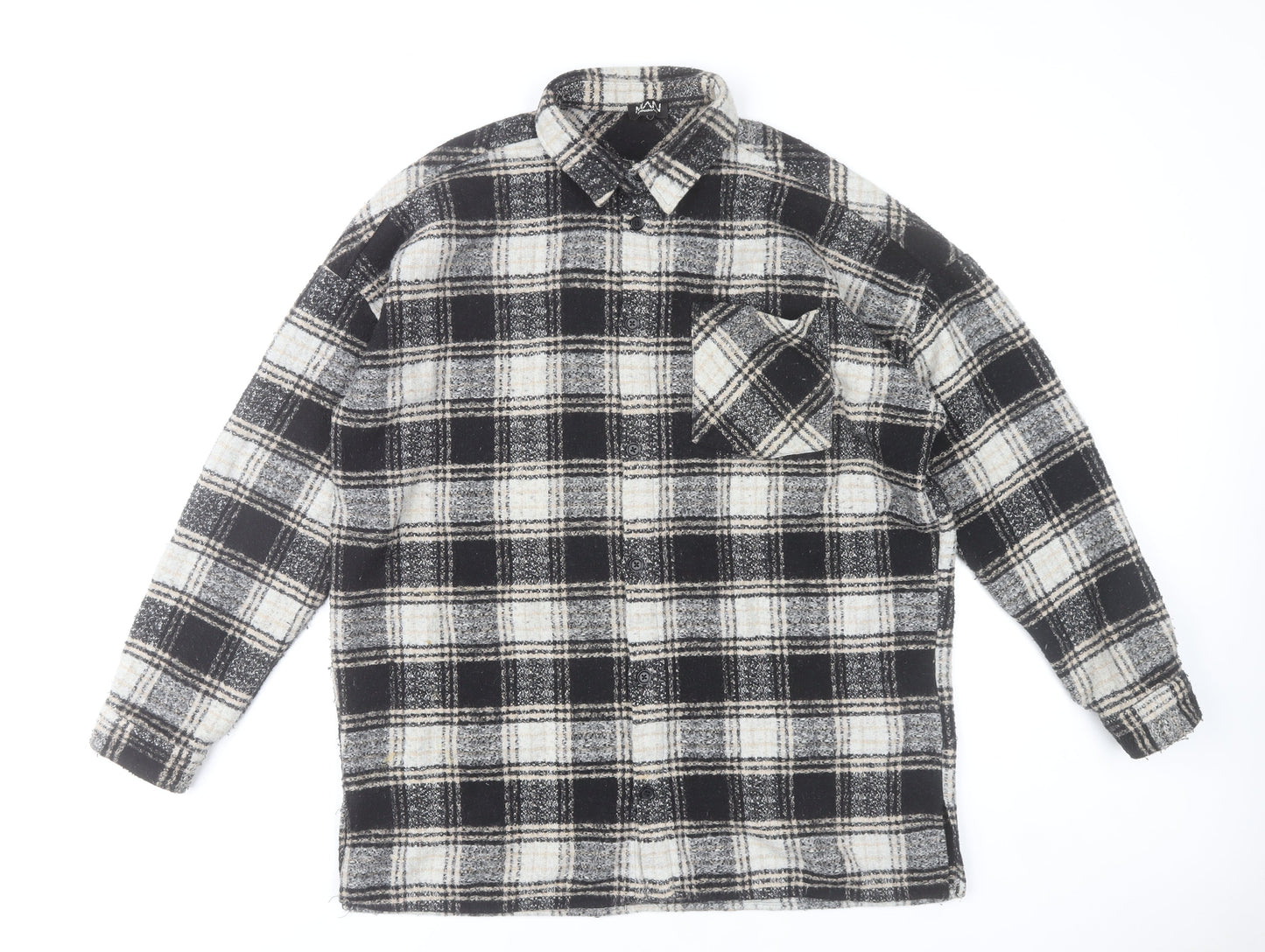 boohooMAN Men’s Black Grey White Plaid Flannel Button-Up Shirt L