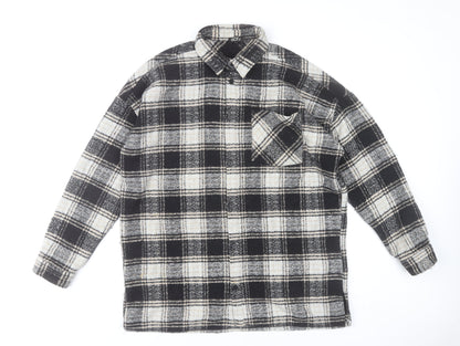 boohooMAN Men’s Black Grey White Plaid Flannel Button-Up Shirt L