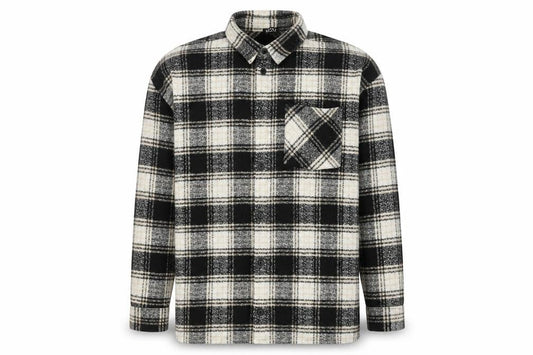 Front view of boohooMAN Men’s Black Grey White Plaid Flannel Button-Up Shirt L