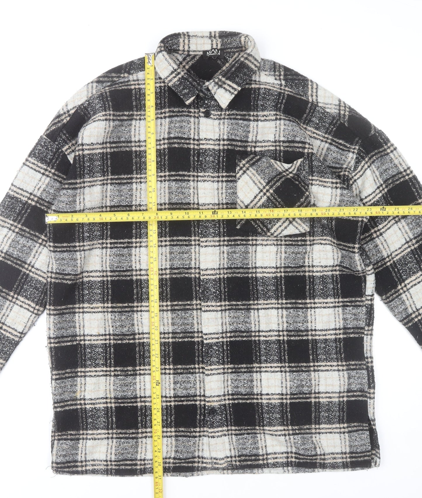boohooMAN Men’s Black Grey White Plaid Flannel Button-Up Shirt L