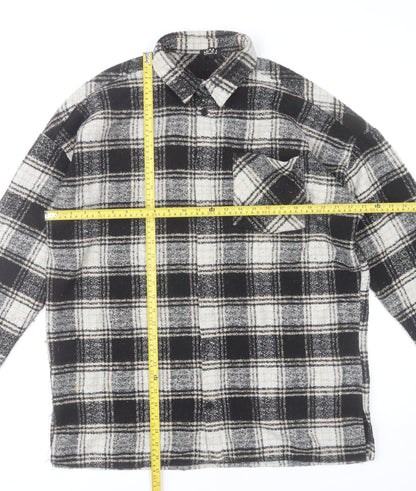 boohooMAN Men’s Black Grey White Plaid Flannel Button-Up Shirt L