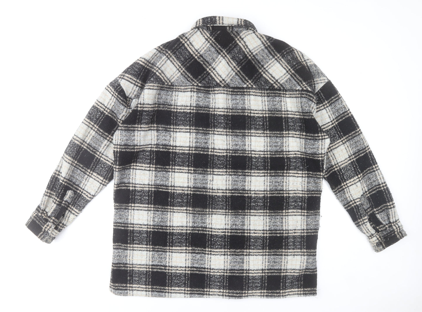 boohooMAN Men’s Black Grey White Plaid Flannel Button-Up Shirt L