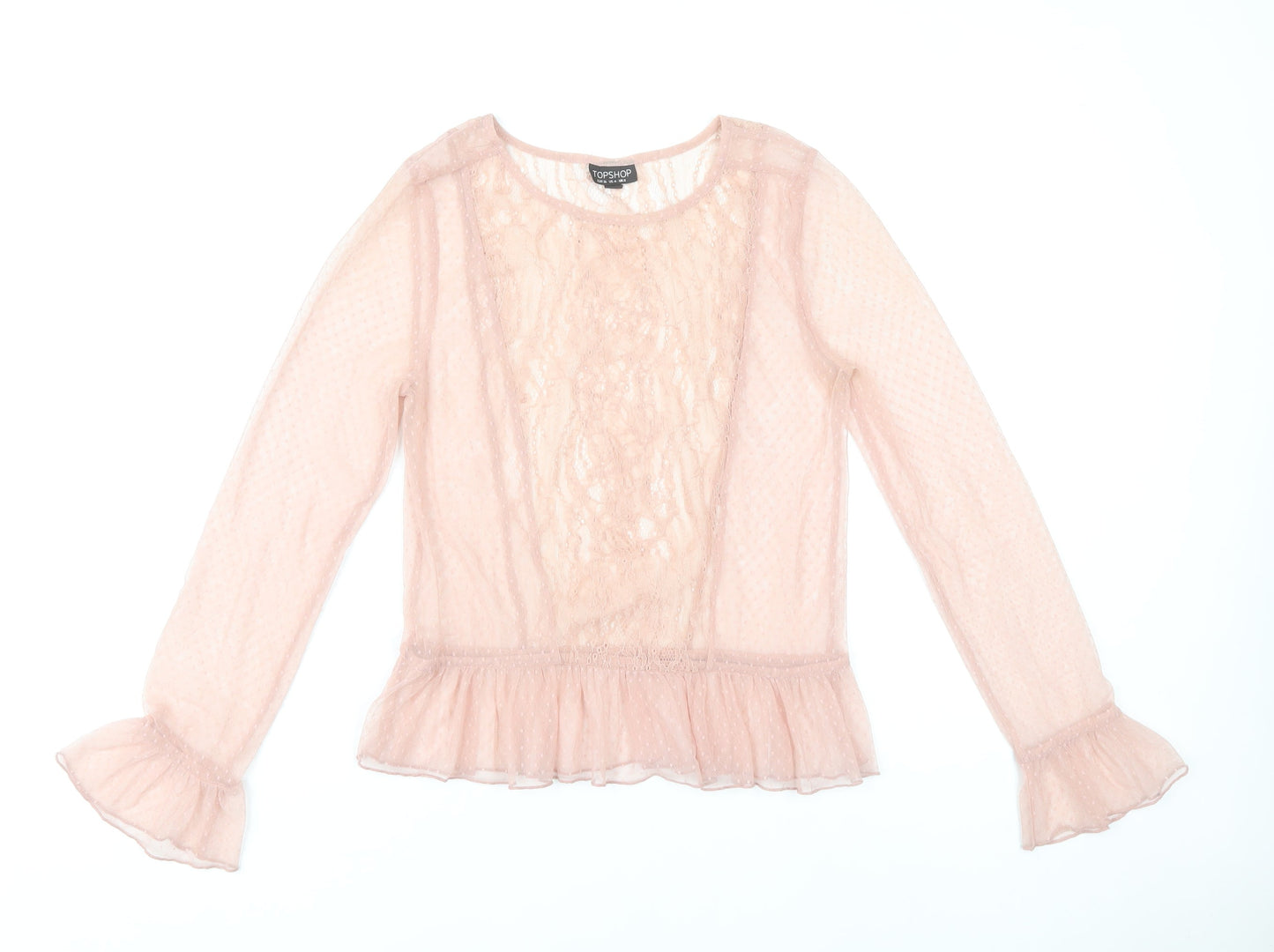 Topshop Womens Pink Lace Ruffle Blouse Size 8 Long Sleeve Party Tunic