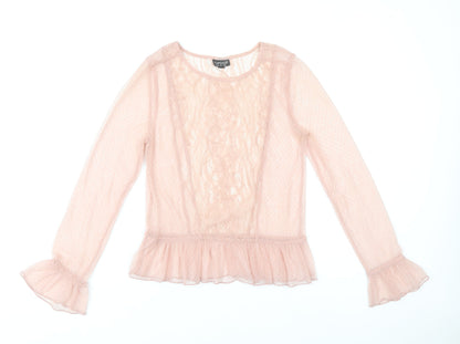 Topshop Womens Pink Lace Ruffle Blouse Size 8 Long Sleeve Party Tunic