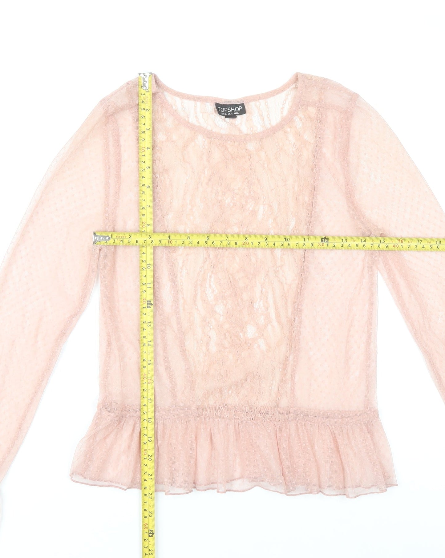 Topshop Womens Pink Lace Ruffle Blouse Size 8 Long Sleeve Party Tunic