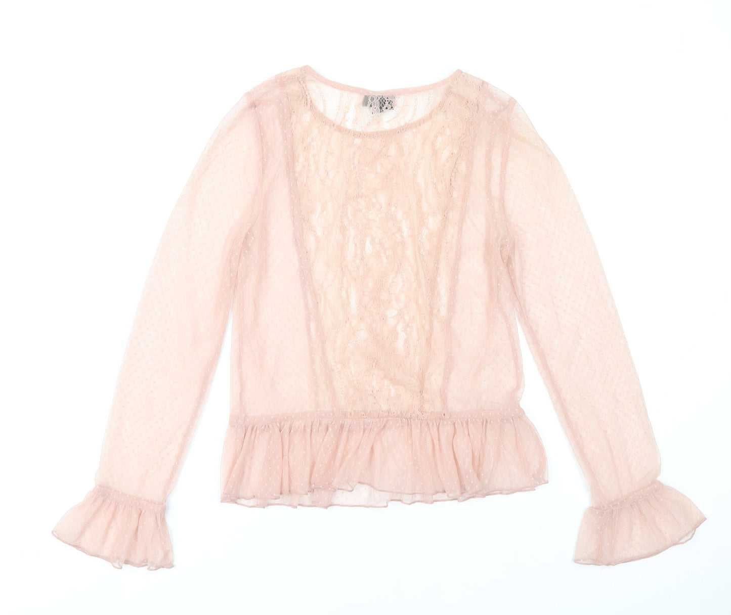 Topshop Womens Pink Lace Ruffle Blouse Size 8 Long Sleeve Party Tunic