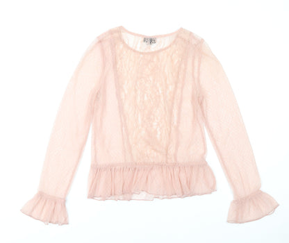 Topshop Womens Pink Lace Ruffle Blouse Size 8 Long Sleeve Party Tunic