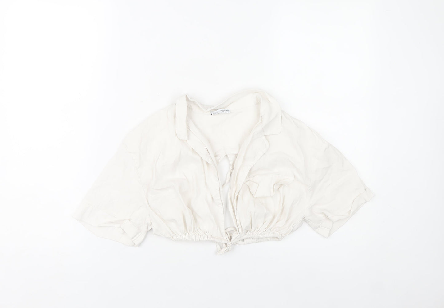 Bershka Womens Ivory Cropped Collared Blouse Size 8