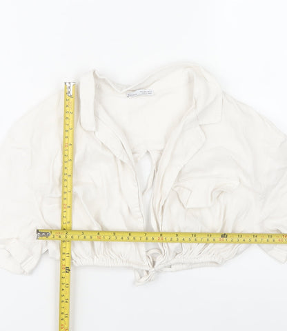 Bershka Womens Ivory Cropped Collared Blouse Size 8