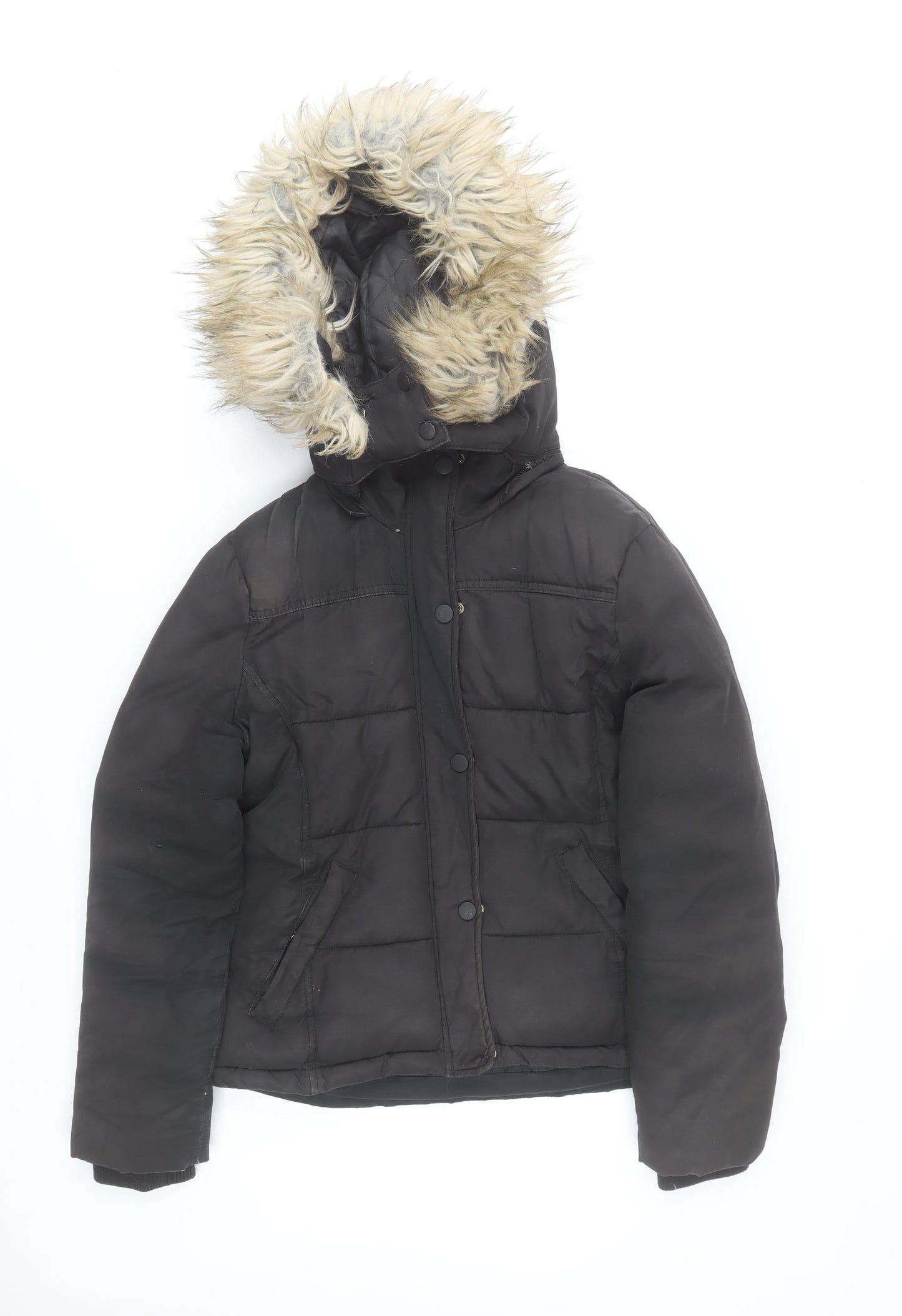 Topshop Women Black Size 12 Puffer Jacket Hooded Faux Fur Trim
