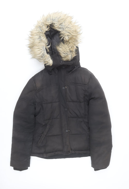 Topshop Women Black Size 12 Puffer Jacket Hooded Faux Fur Trim