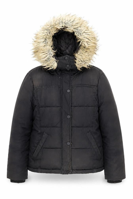 Topshop Women Black Size 12 Puffer Jacket Hooded Faux Fur Trim