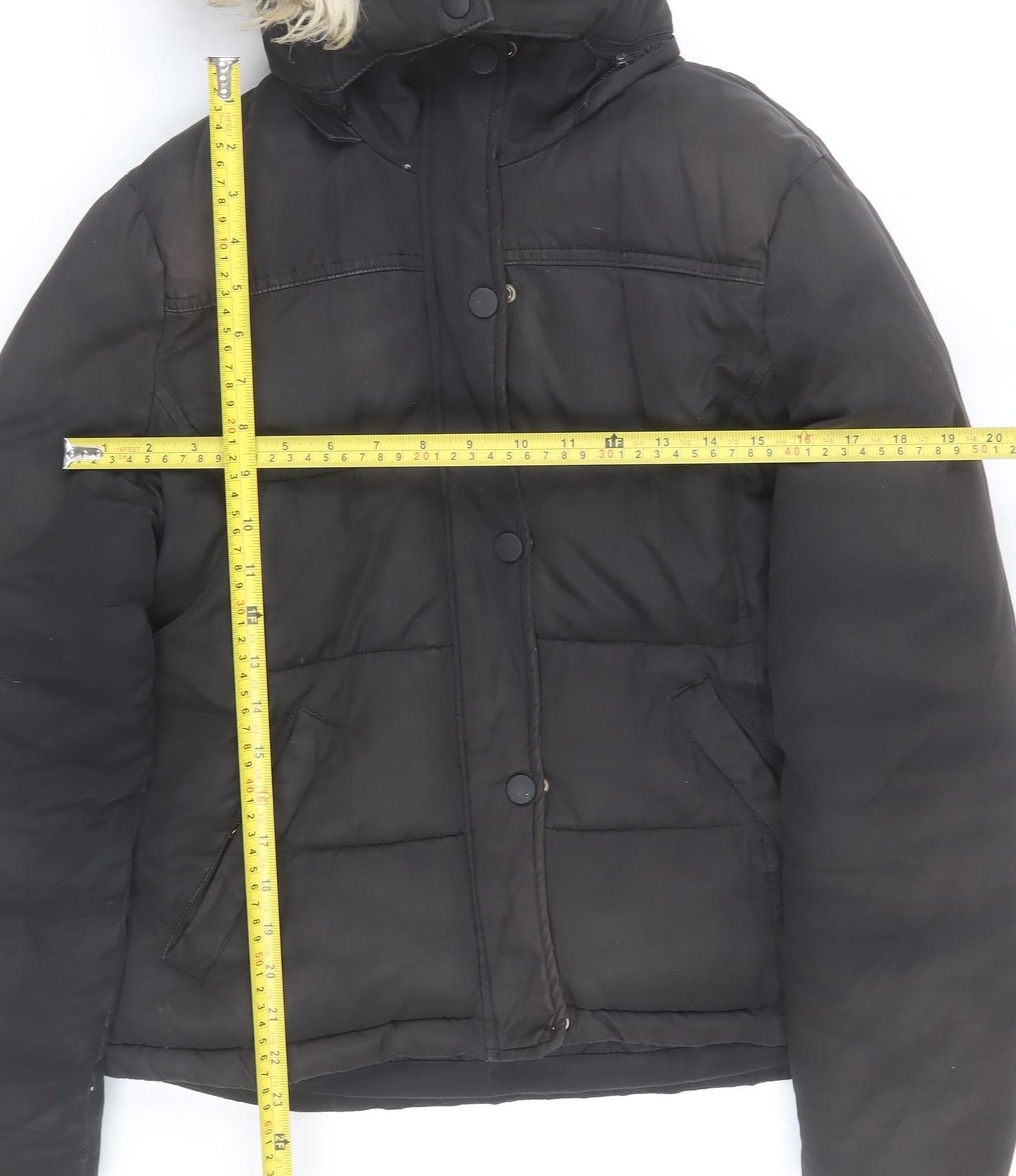 Topshop Women Black Size 12 Puffer Jacket Hooded Faux Fur Trim