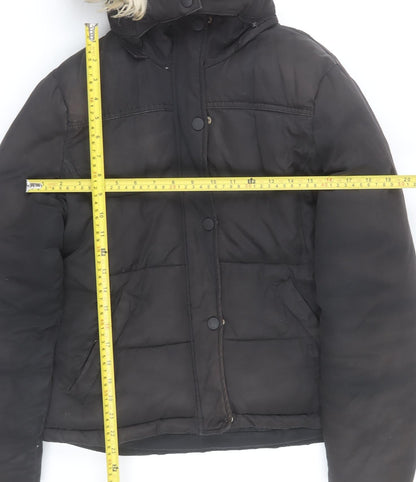 Topshop Women Black Size 12 Puffer Jacket Hooded Faux Fur Trim