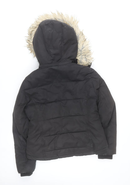 Topshop Women Black Size 12 Puffer Jacket Hooded Faux Fur Trim