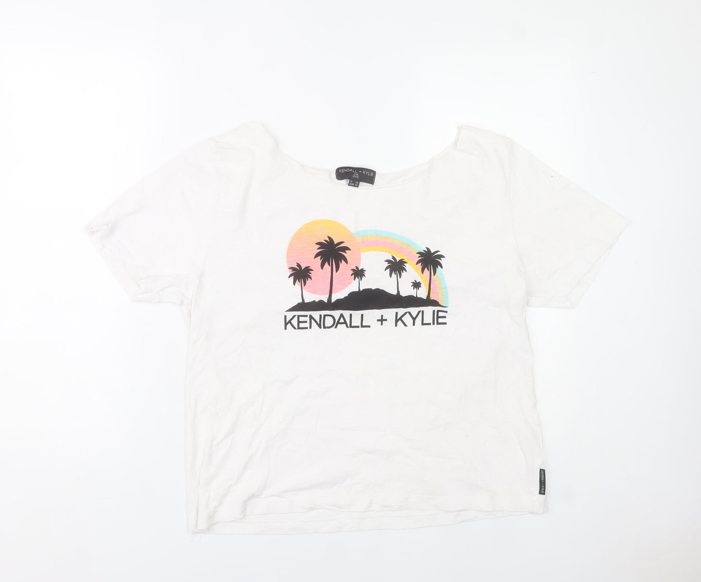 Kendall + Kylie Womens White Graphic T-Shirt Size 14 Short Sleeve Cotton