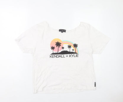 Kendall + Kylie Womens White Graphic T-Shirt Size 14 Short Sleeve Cotton