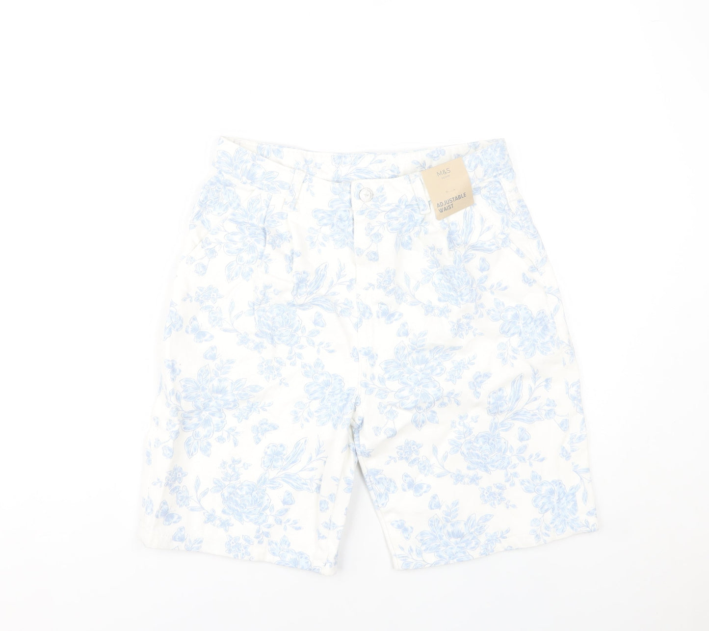 Marks and Spencer Girls Ivory Floral Bermuda Shorts 12-13Y Cotton Adjustable Waist