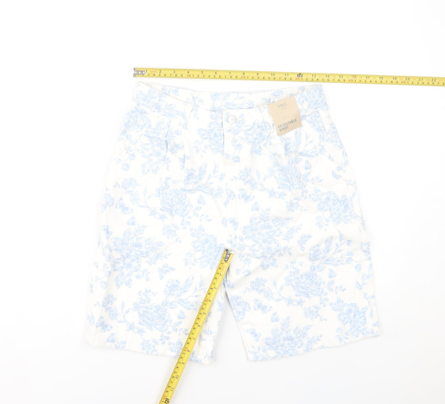 Marks and Spencer Girls Ivory Floral Bermuda Shorts 12-13Y Cotton Adjustable Waist