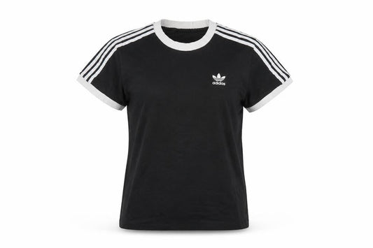 Front view of Adidas women’s black, size UK 12, cotton crew neck short sleeve t-shirt