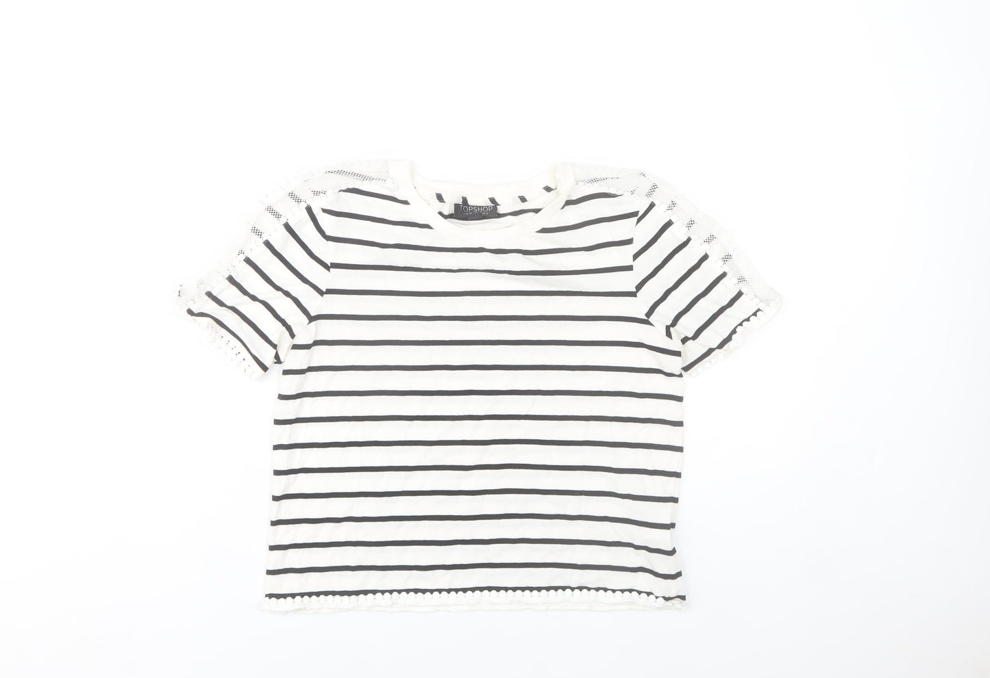 Topshop Women’s White Striped Crochet Trim T-Shirt Size 8