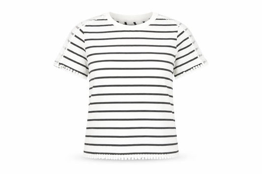 Topshop Women’s White Striped Crochet Trim T-Shirt Size 8