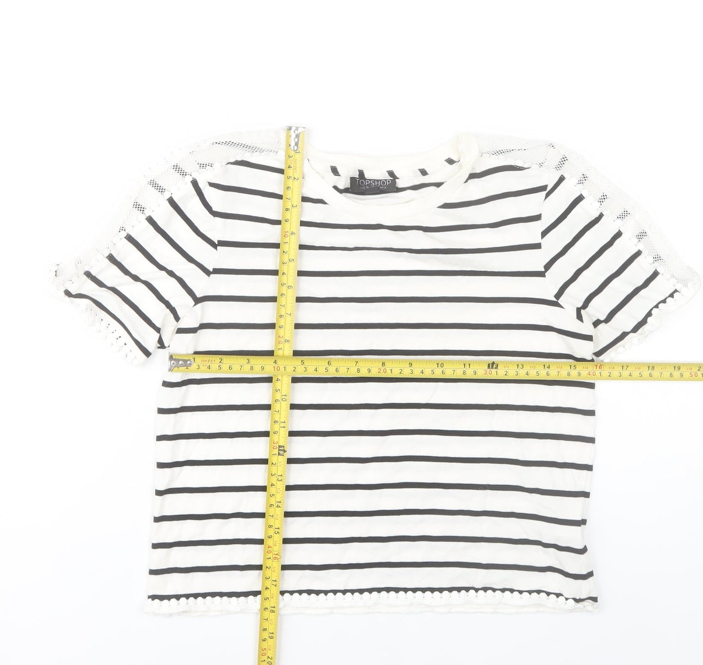 Topshop Women’s White Striped Crochet Trim T-Shirt Size 8