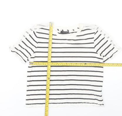 Topshop Women’s White Striped Crochet Trim T-Shirt Size 8