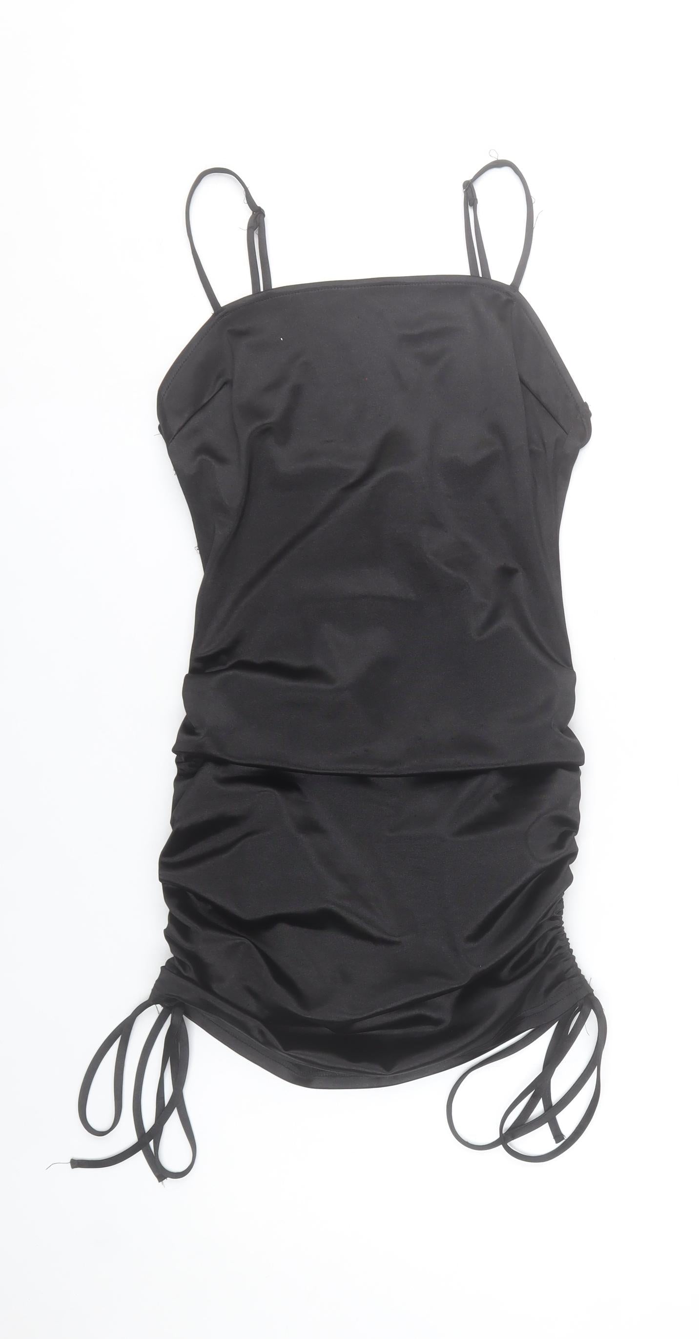 Saint Genies Women’s Black Mini Bodycon Dress Size 6 Ruched Strappy