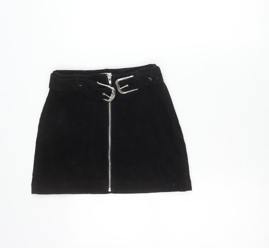 Topshop Women’s Black Corduroy Short Skirt UK 4 Petite Zip Buckle