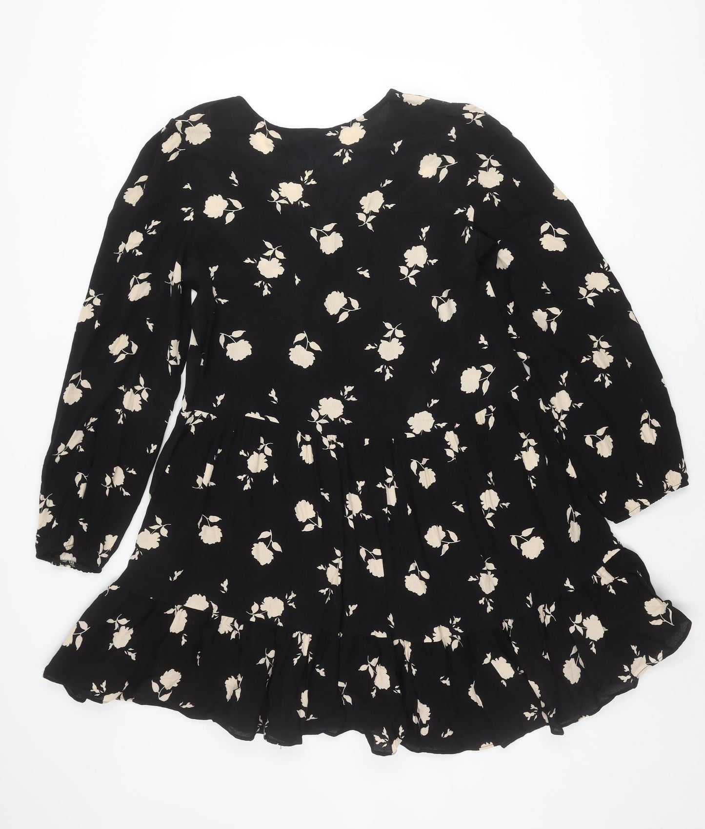 F&F Women’s Black Floral Skater Dress UK 10 Long Sleeve V-Neck