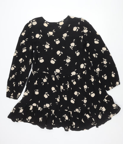 F&F Women’s Black Floral Skater Dress UK 10 Long Sleeve V-Neck