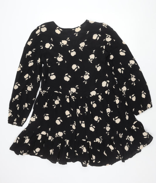 F&F Women’s Black Floral Skater Dress UK 10 Long Sleeve V-Neck