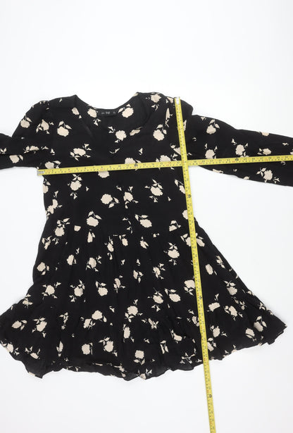 F&F Women’s Black Floral Skater Dress UK 10 Long Sleeve V-Neck