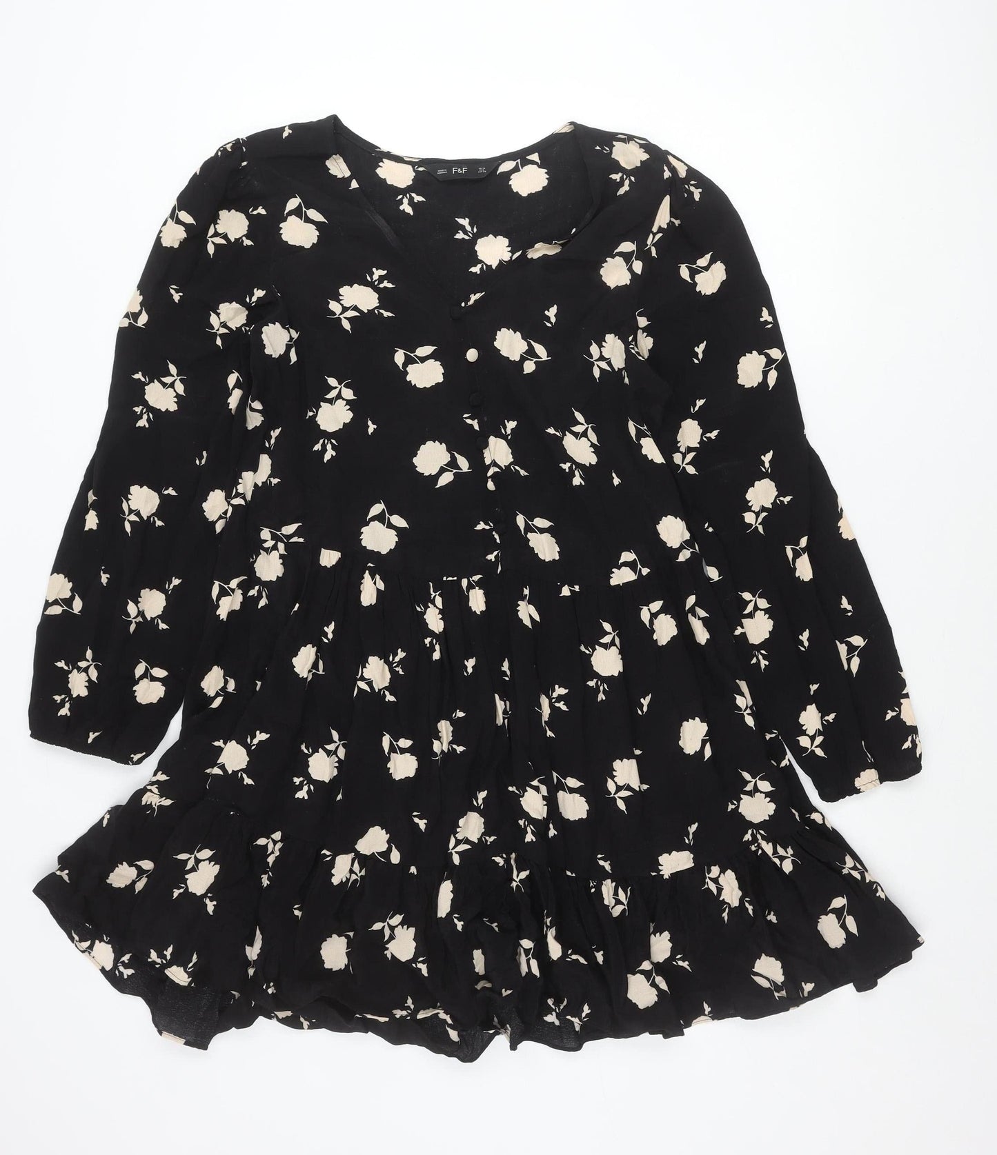 F&F Women’s Black Floral Skater Dress UK 10 Long Sleeve V-Neck